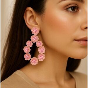 Sophia & Kate Earrings Pink Floral Statement Sequin Faux Seed Pearls Studs NWT